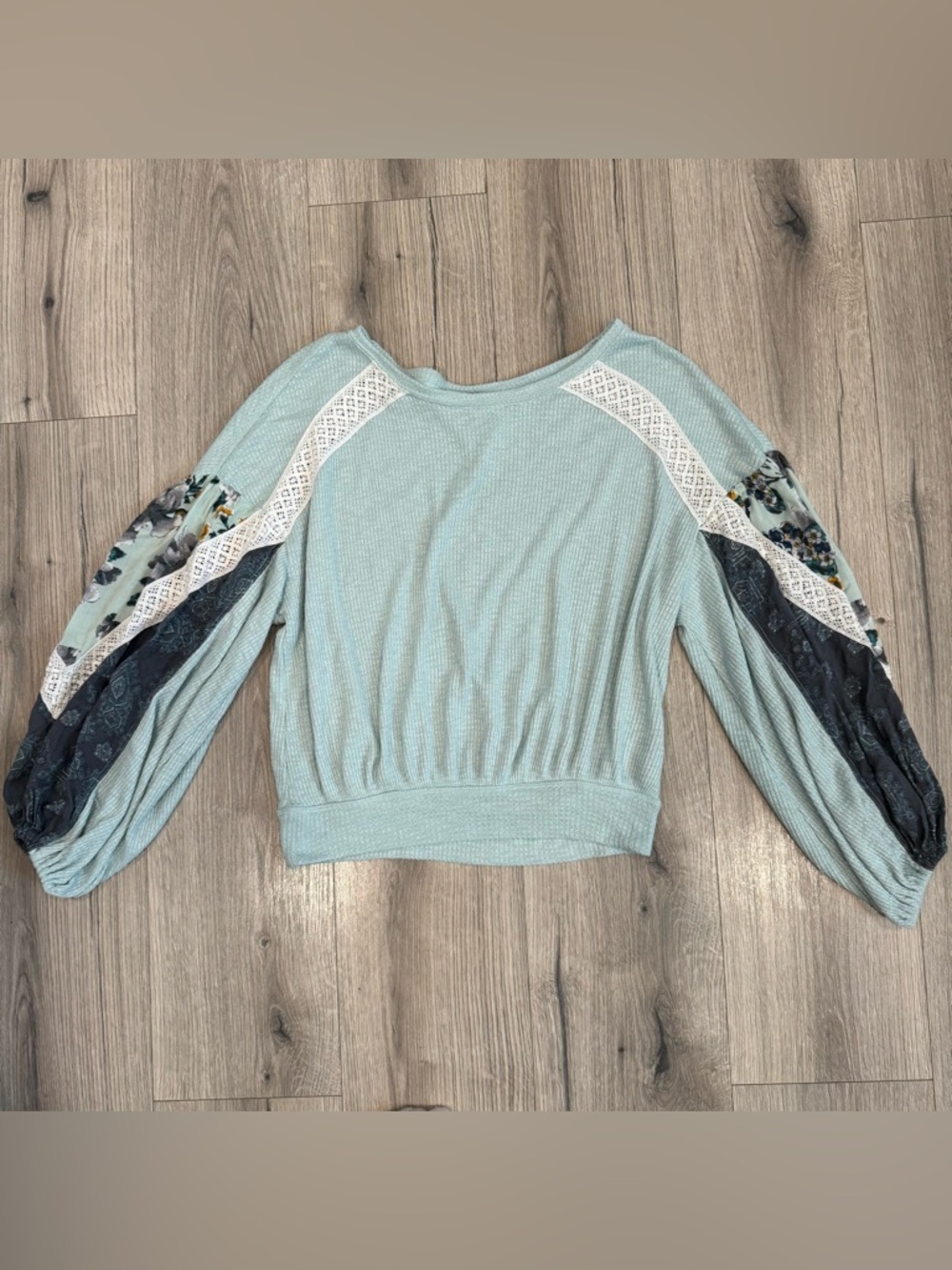 Free People Mint Puff Sleeve Blouse with Patchwork Detail